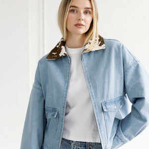Boxy Denim Cow Collared Jacket