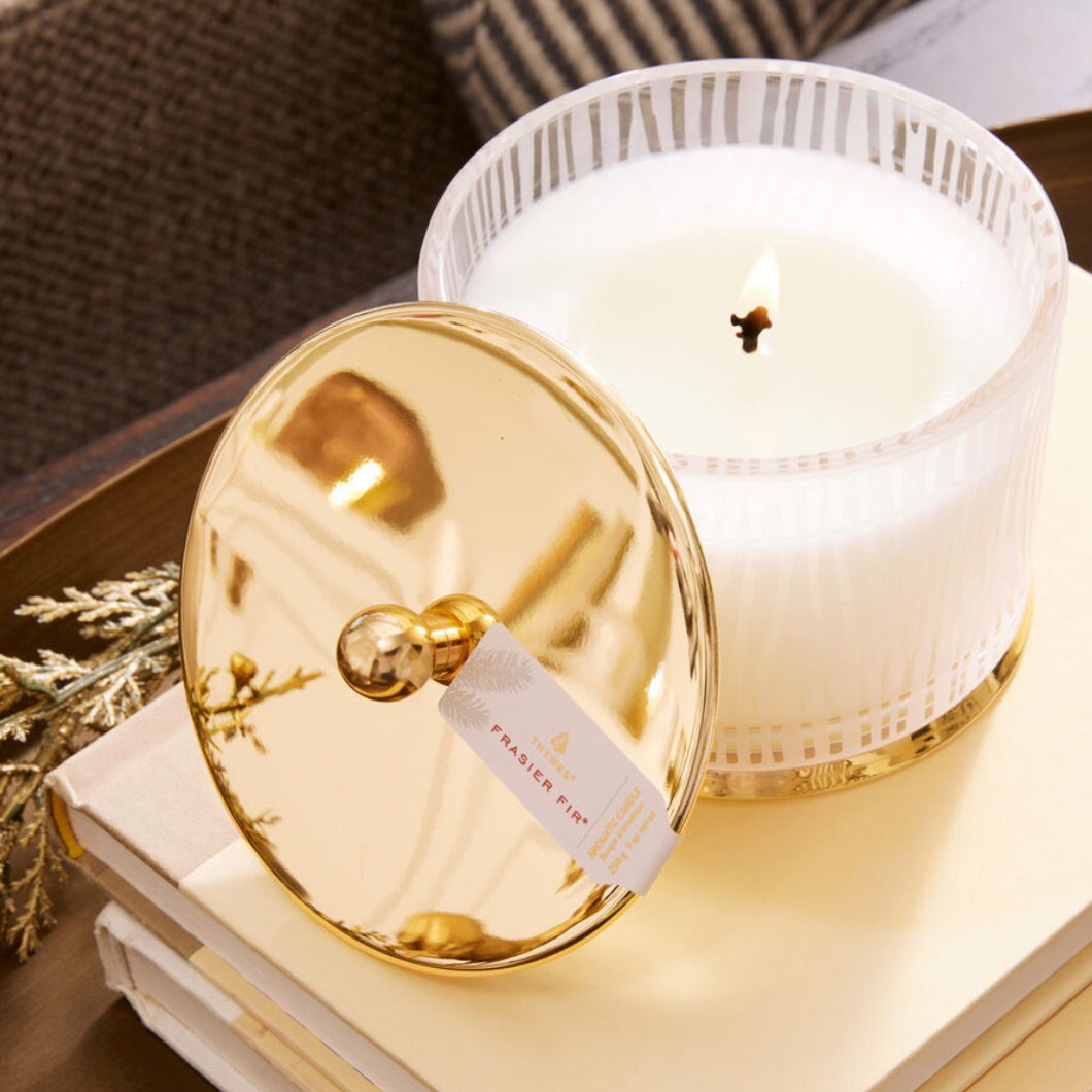 Thymes Frasier Gilded Frosted Woodgrain Candle