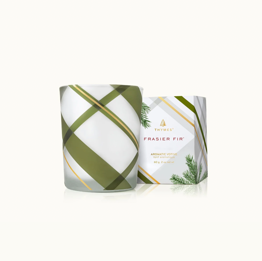 Thymes Frasier Fir Frosted Plaid Votive Candle