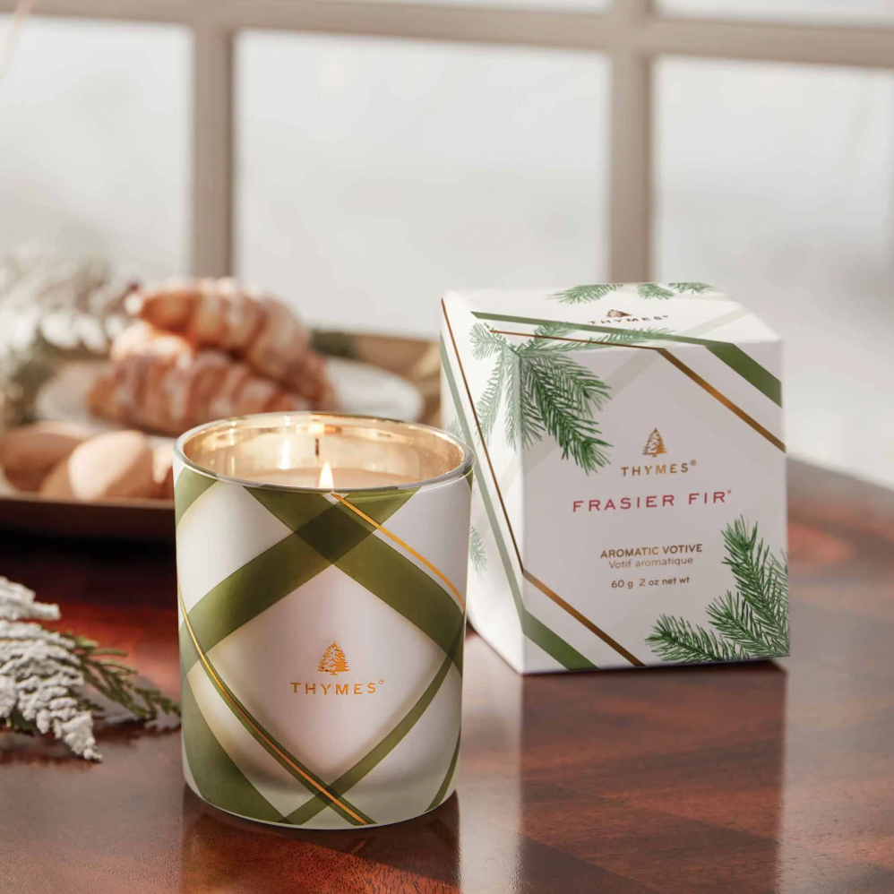 Thymes Frasier Fir Frosted Plaid Votive Candle