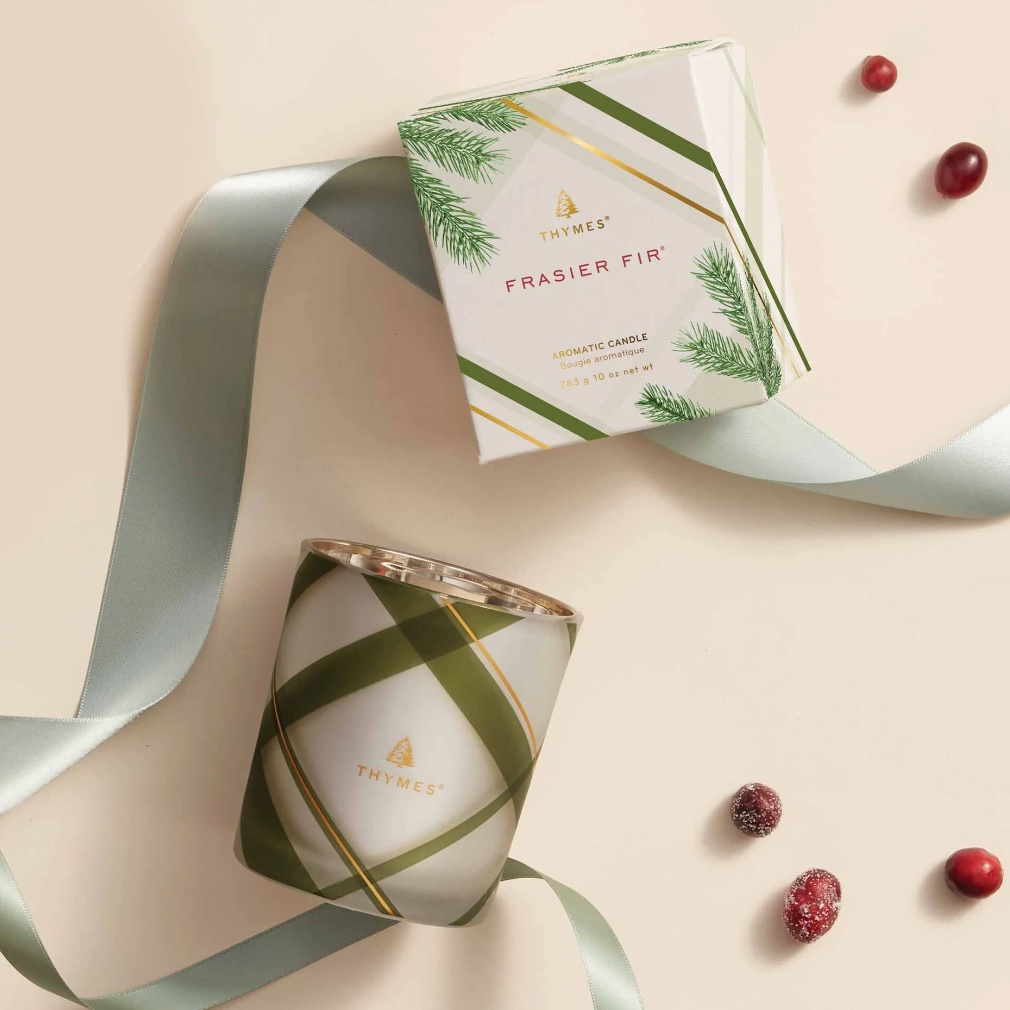 Thymes Frasier Fir Frosted Plaid Votive Candle