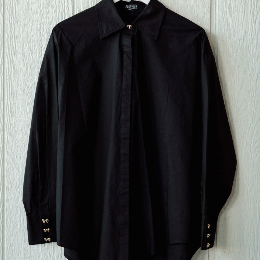 Poplin Bow Button Up Black Shirt
