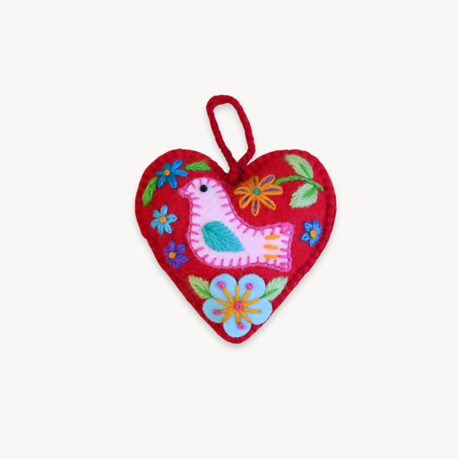 Bird Heart Hand Embroidered Ornament