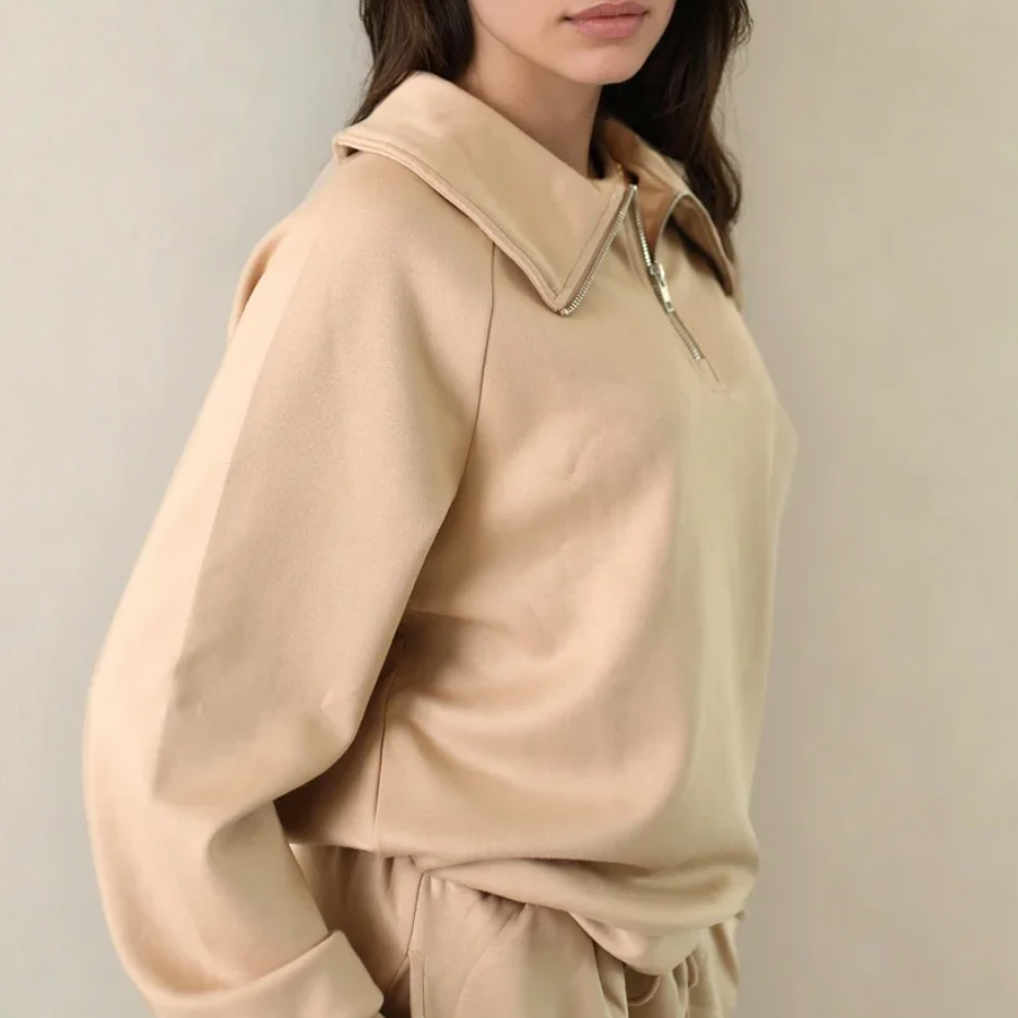 LUXE Flow Fleece Maeve 3/4 Zip Top in Mocha Mousse