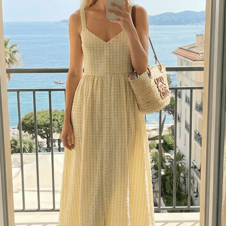 Prairie Gingham Yellow Midi Dress