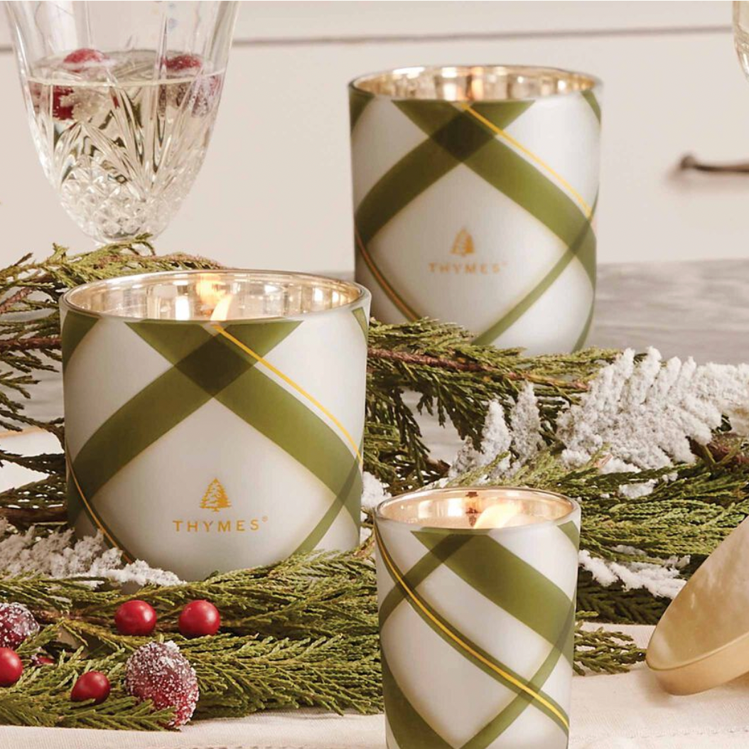 Thymes Frasier Fir Frosted Plaid Medium Poured Candle