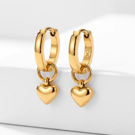 Classic Gold Hoop Huggies + Heart Charms