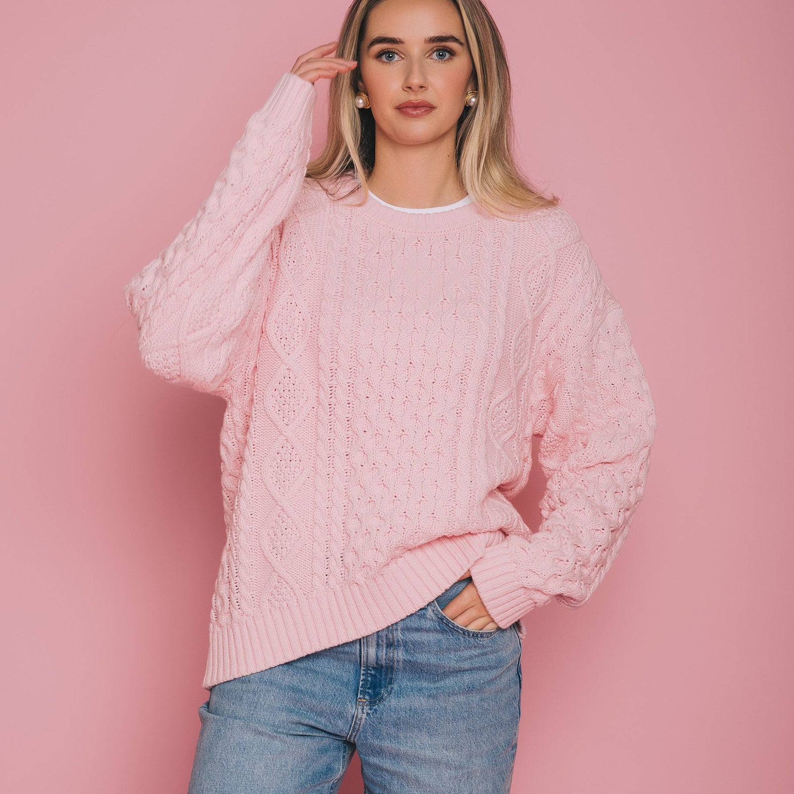 Irish Cable Knit Pink Sweater by Brunette The Label