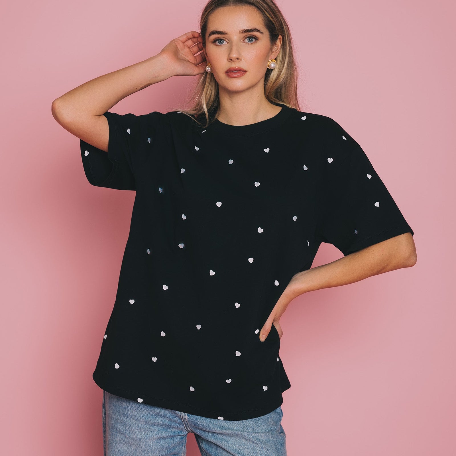 Tiny Heart Oversized Black Boxy Tee by Brunette The Label