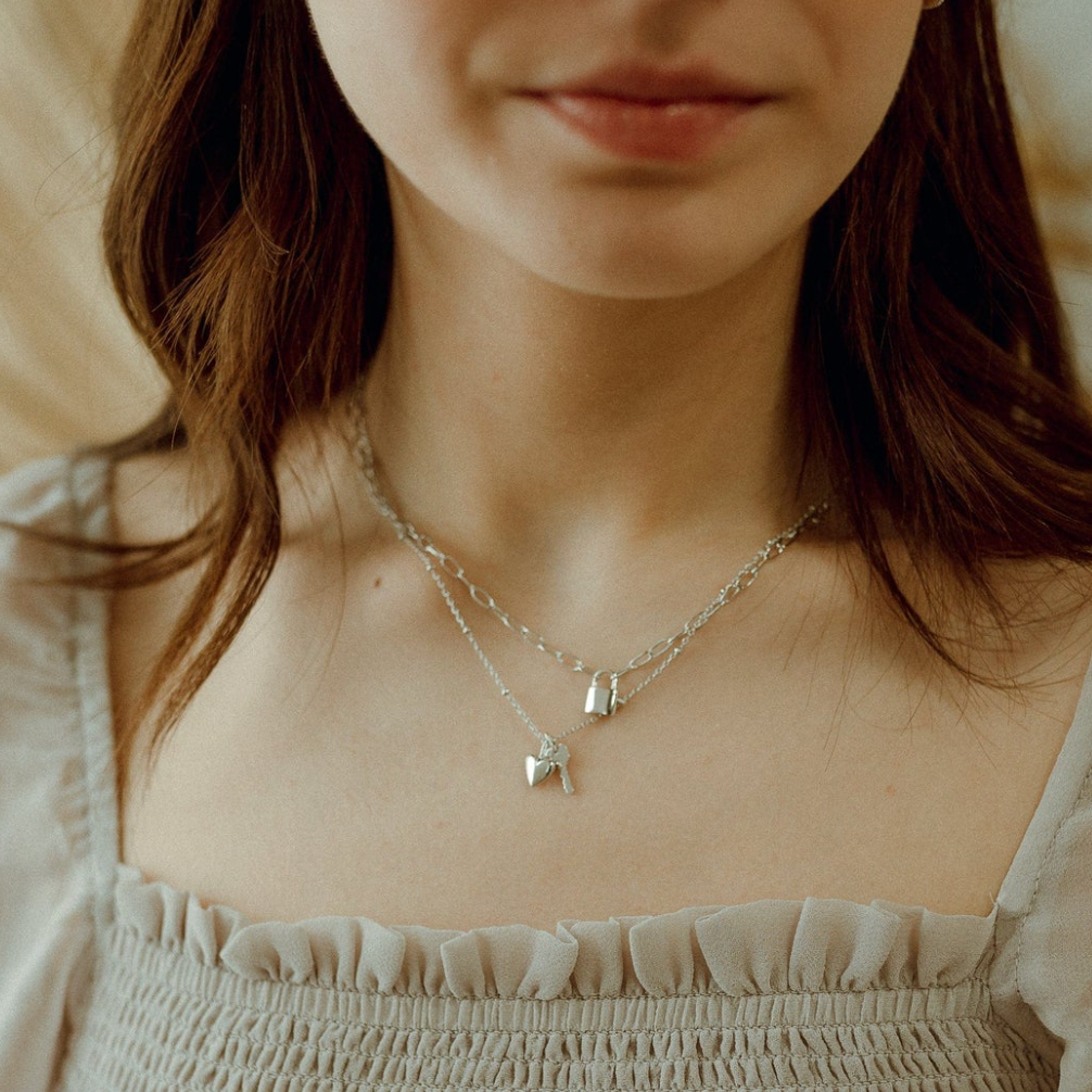 Heart + Key Silver Necklace